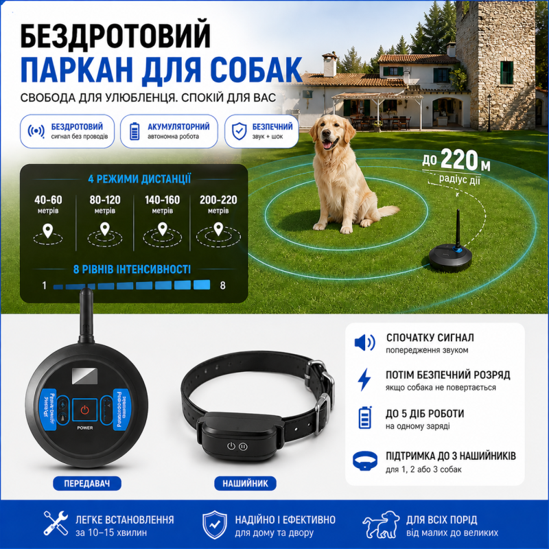 Бездротовий електронний паркан для собак Wireless Dog Fence WDF-600 з шоковим нашийником до 220 м